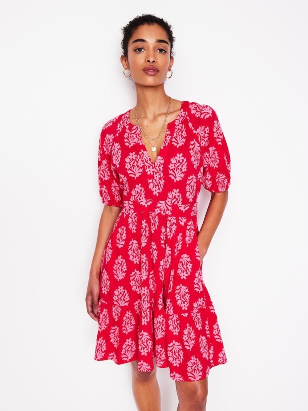 Boden Piper Short Jersey Dress Red Pink Floral Puff Sleeve Tiered US 8